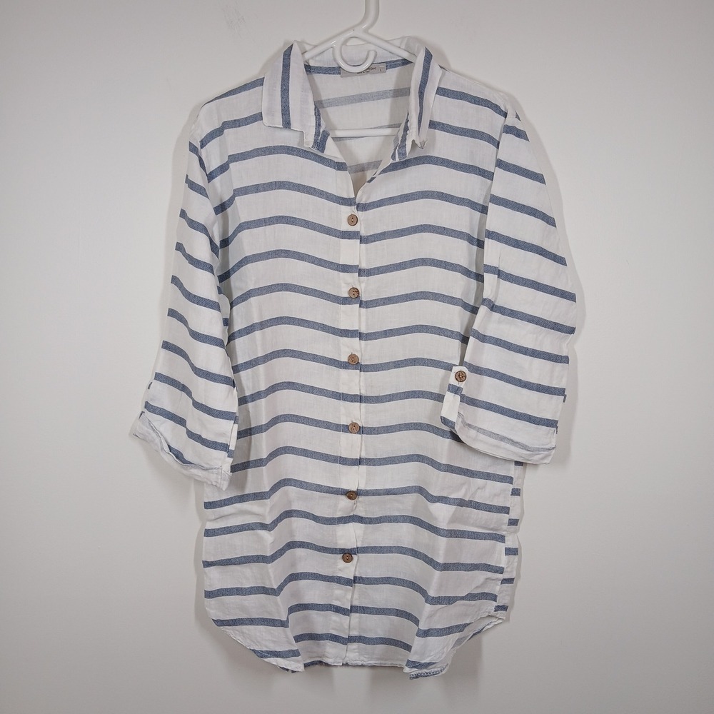 Viola Borghi Shirt Women Large White Blue Linen Striped Button Coastal